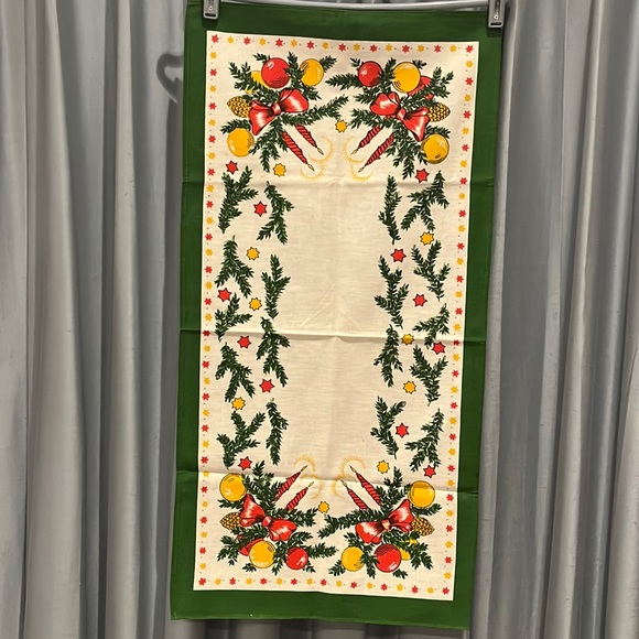 Colorful Christmas Table Runner Candles, Bows, Ornaments Pine Boughs/Cones Stars - Picture 2 of 16